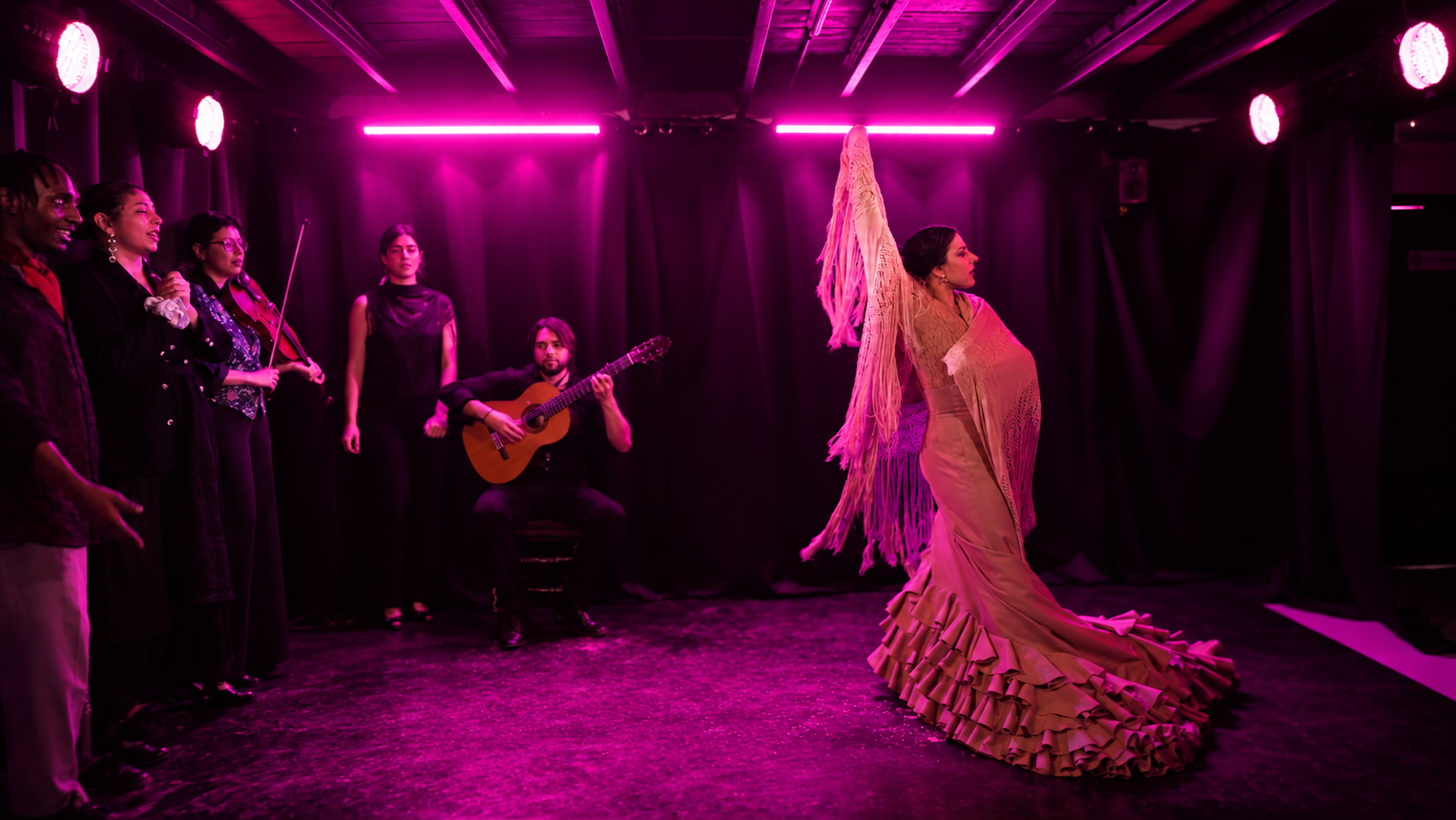 Flamenco dancers, musicians and singers performing under magenta stage lighting