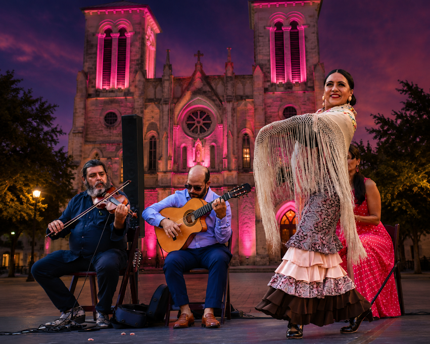 Genevieve Obregón performing with musicians in San Antonio